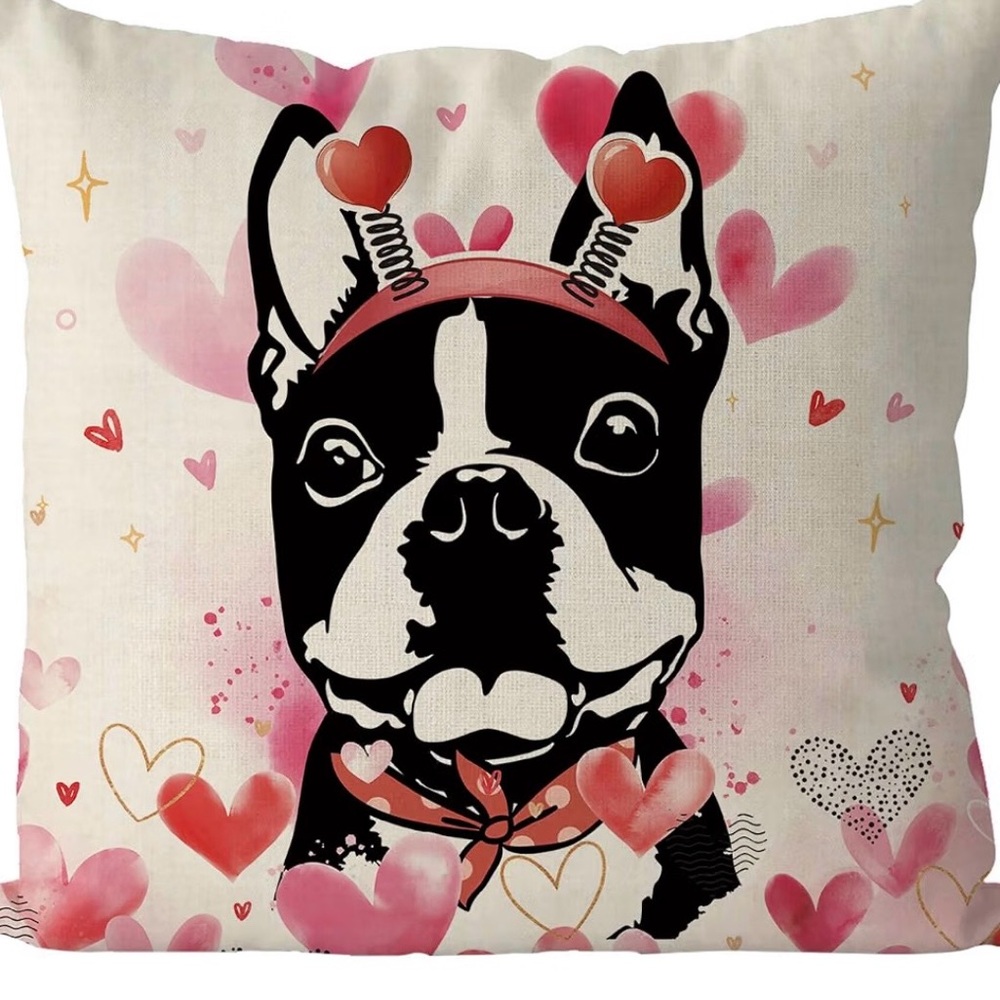 Boston terrier with hearts, pink, white, and black pillow cover covers set of 2